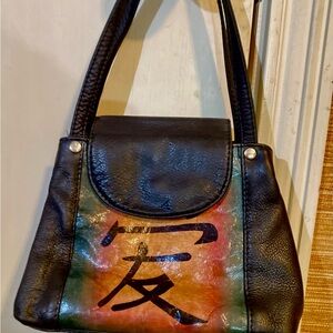 Black Leather Small Hand Bag w/Multicolor Front Panel and Asian Character Print